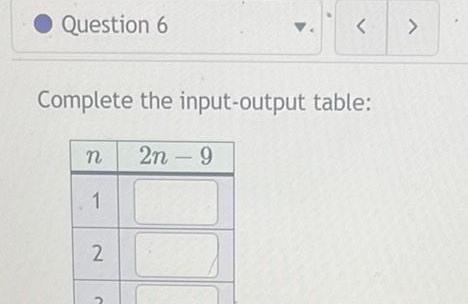 Question 6 Complete the input-output table: n 2n 9