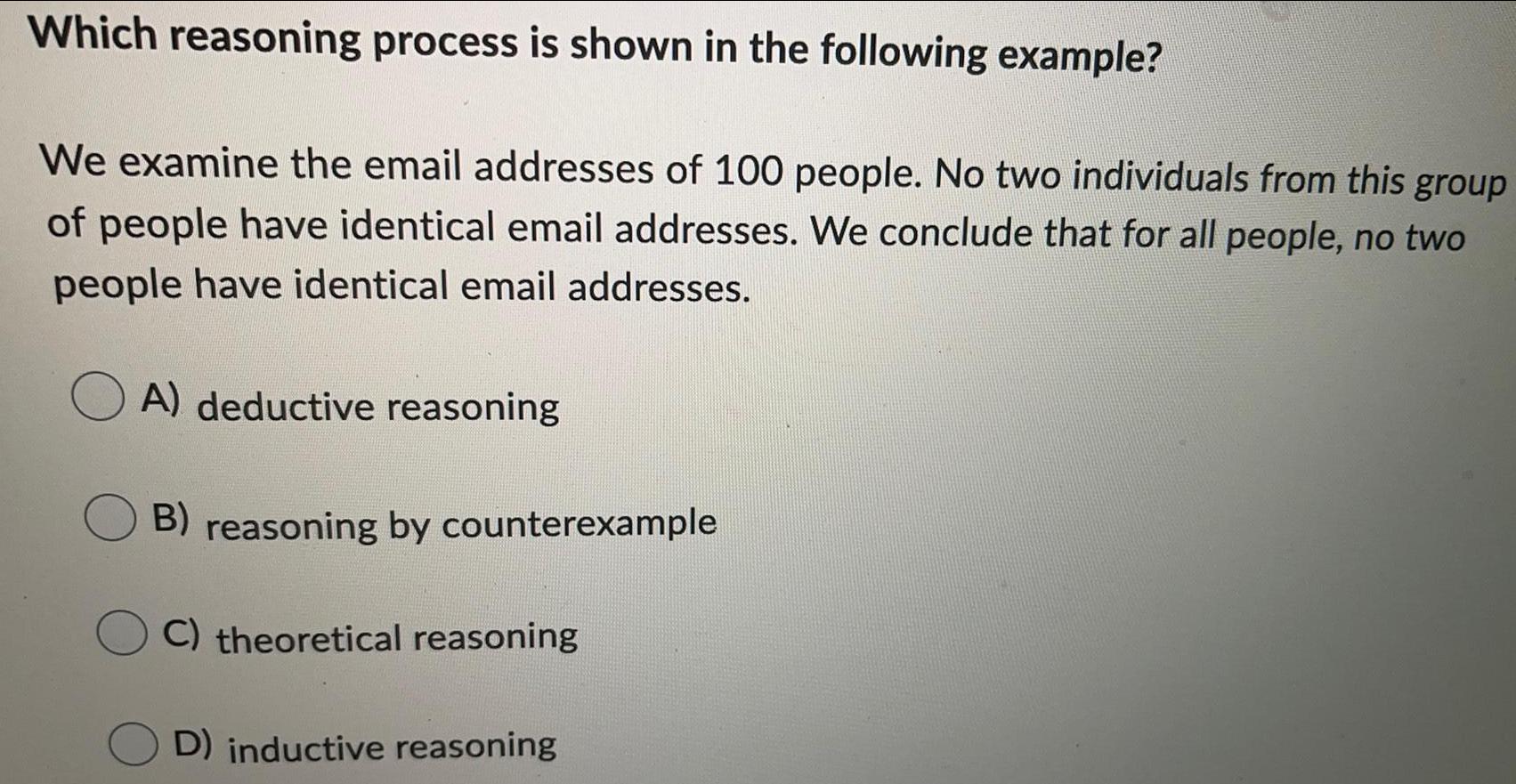 the email addresses of 100 people. No two individuals from this group