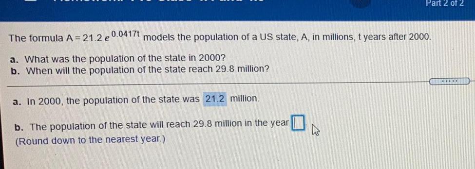 The formula A = 21.2 e 0.0417t models the population of