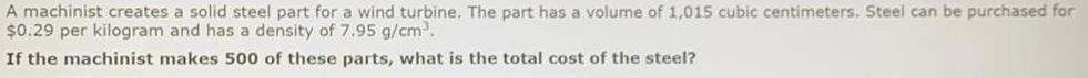 The part has a volume of 1,015 cubic centimeters. Steel can be