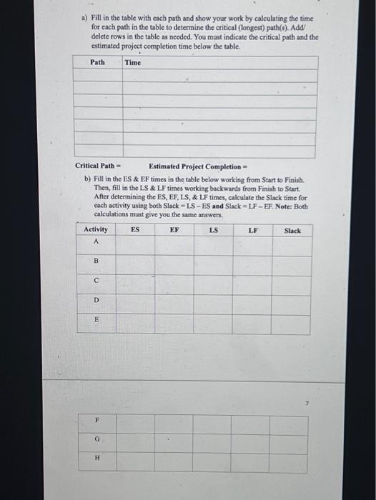 precedence diagram for a project at your company. 16 points (-4/error) a)