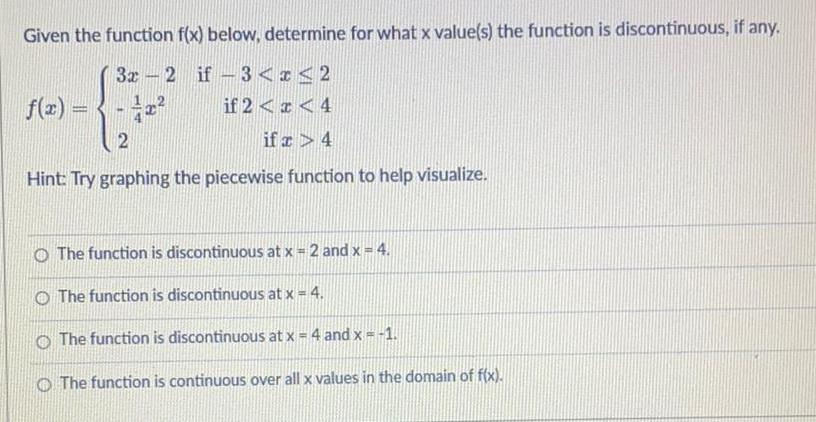 Given the function f(x) below, determine for what x value(s) the function