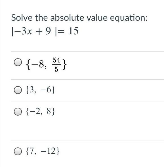 Solve the absolute value equation: I3X + 9 15 -12}