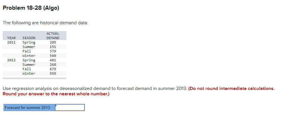 demand to forecast demand in summer 2013. (Do not round intermediate calculations.