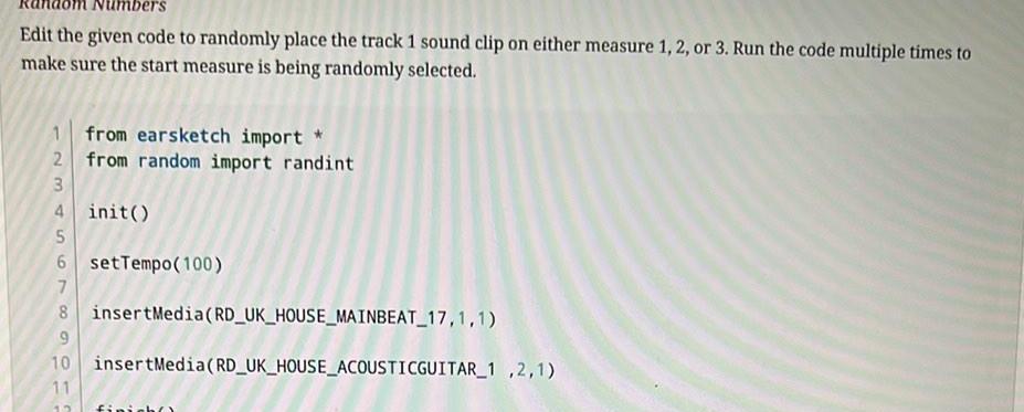  bers Edit the given code to randomly place the track 1