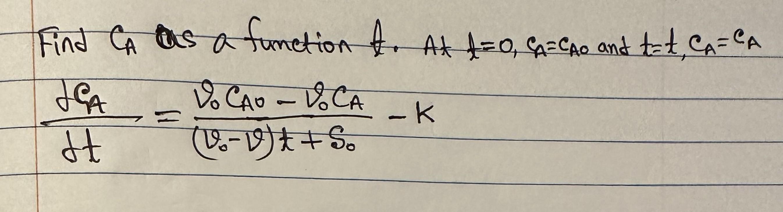  Find CA as a function A At t 0 SA CAO