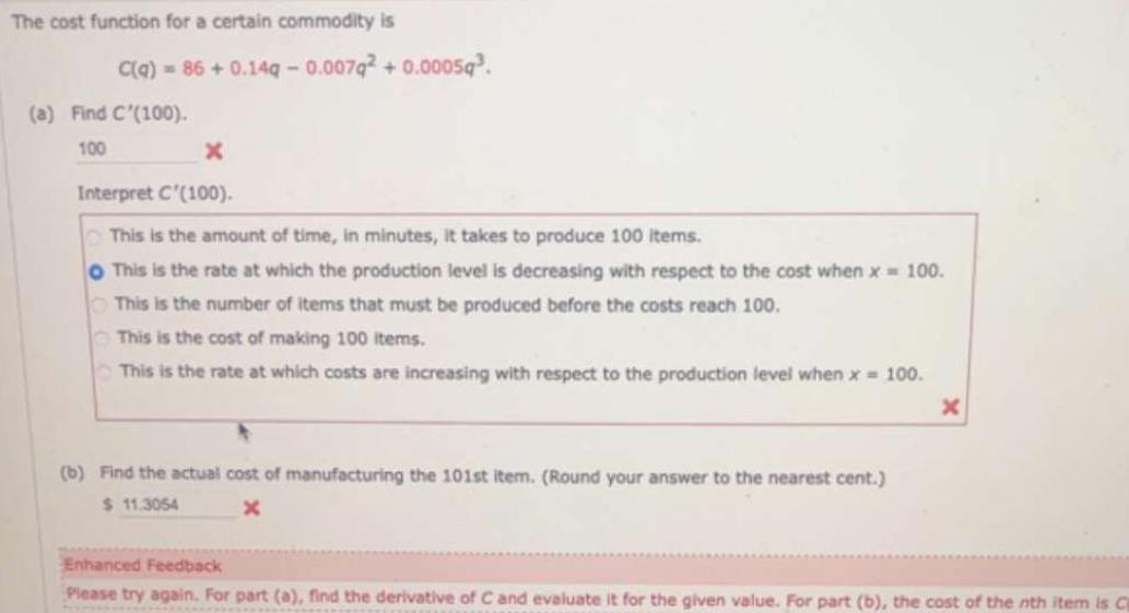  The cost function for a certain commodity is C q 86
