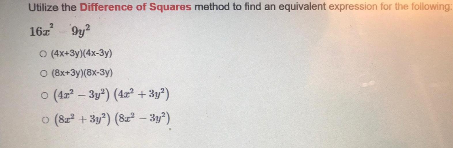 Utilize the Difference of Squares method to find an equivalent expression