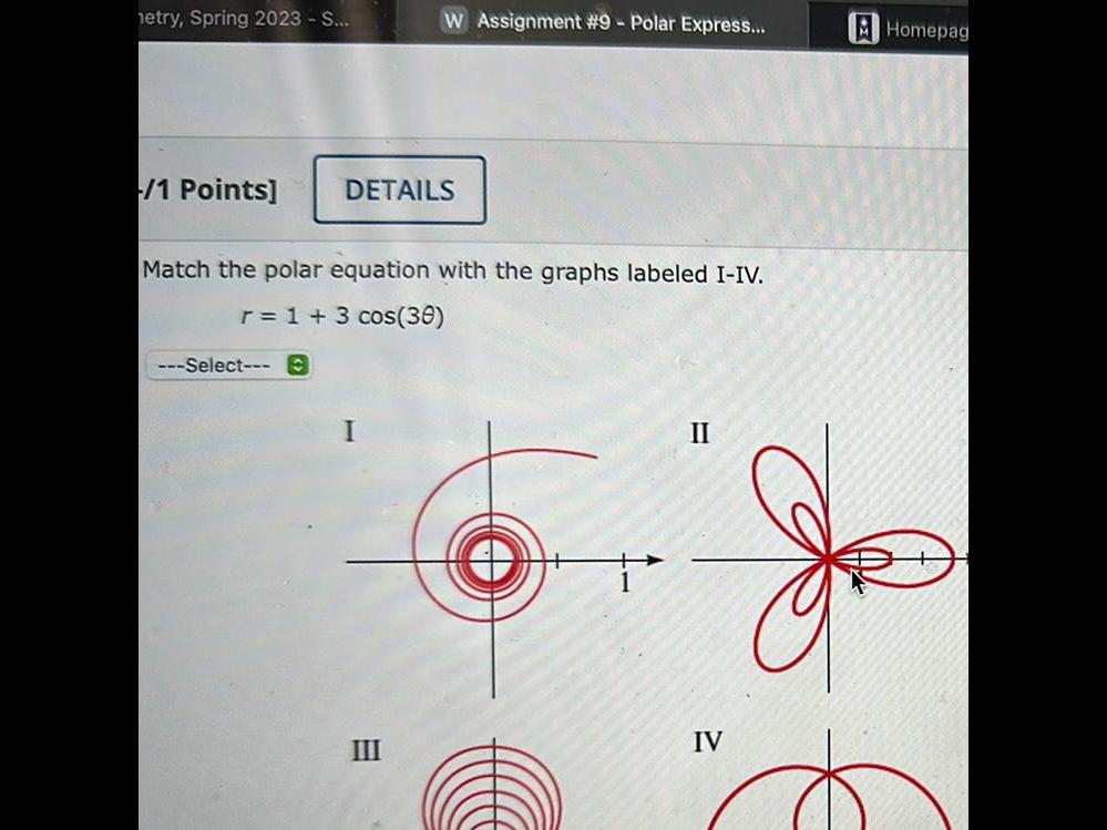 Polar Express DETAILS Match the polar equation with the graphs labeled I
