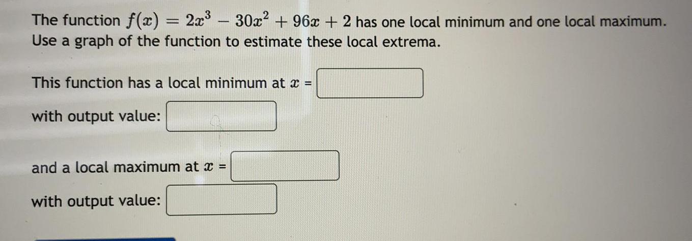 local minimum and one local maximum.Use a graph of the function to