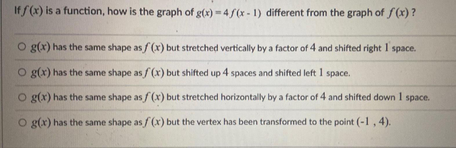different from the graph of f(x)?O g(x) has the same shape as