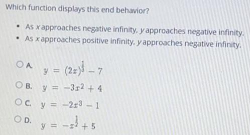 Which function displays this end behavior?As x approaches negative infinity, y