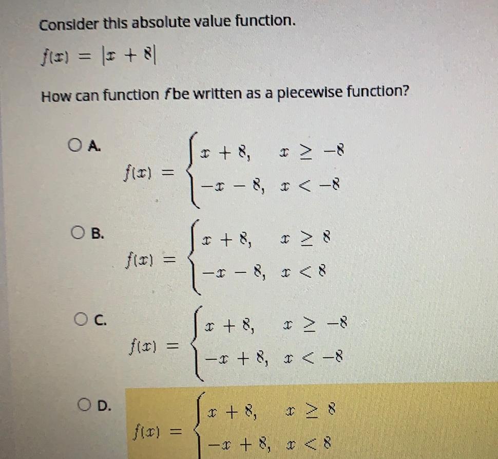 Consider this absolute value function f x 1 8 How can