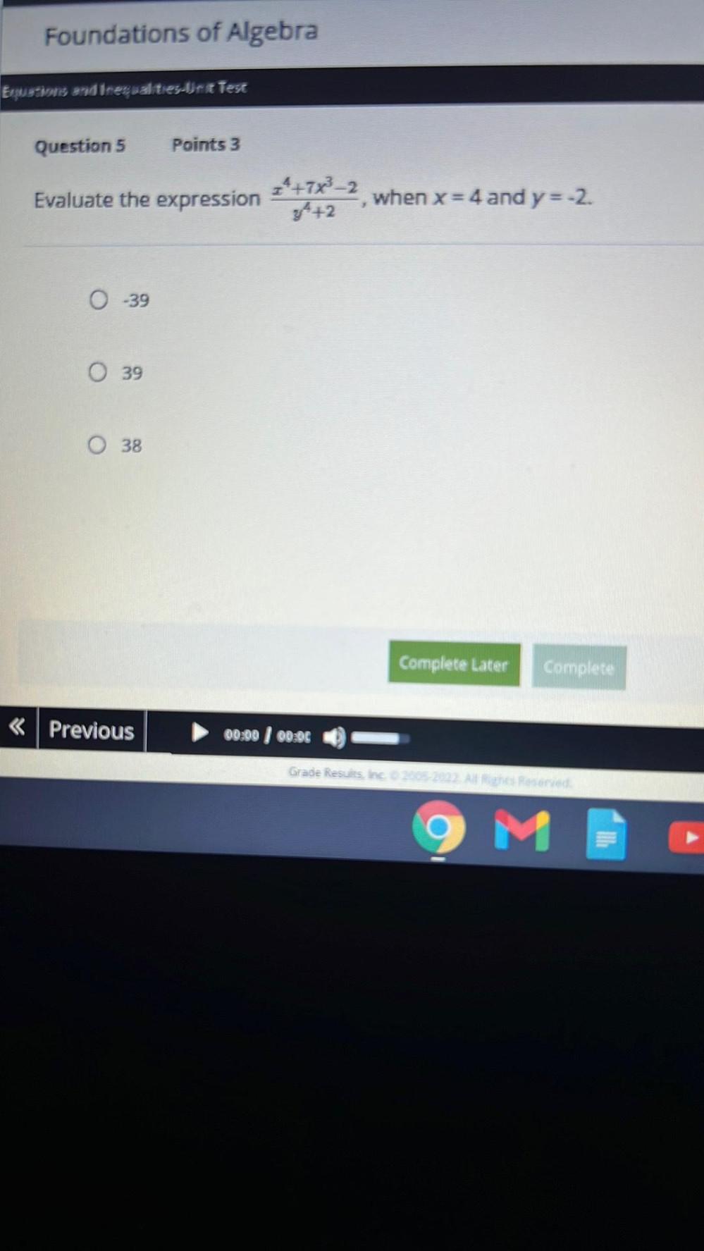Foundations of Algebra "d Test Points 3 Question 5 Evaluate the expression