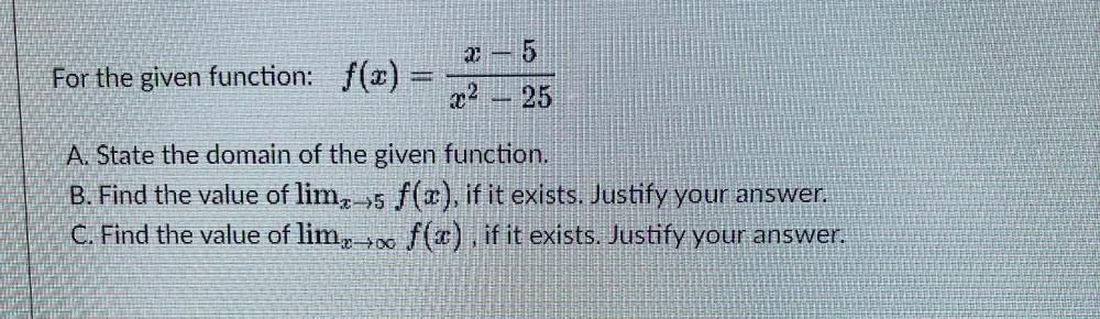 the given function.B). Find the value of limx?5 f(x), if it exists.
