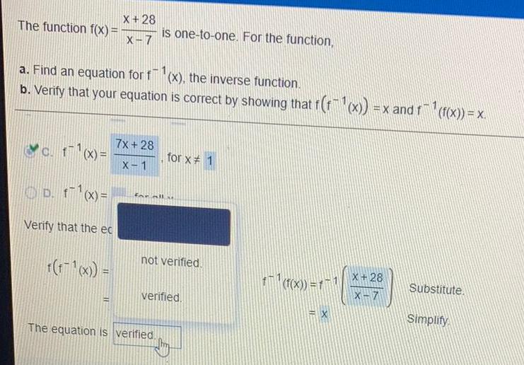 inverse function.b. Verify that your equation is correct by showing that f(f(x))