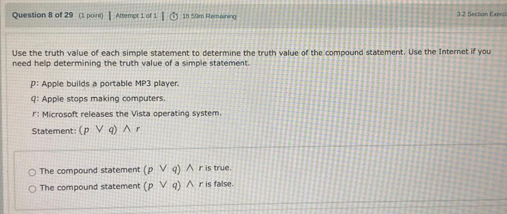truth value of the compound statement. Use the Internet if you need