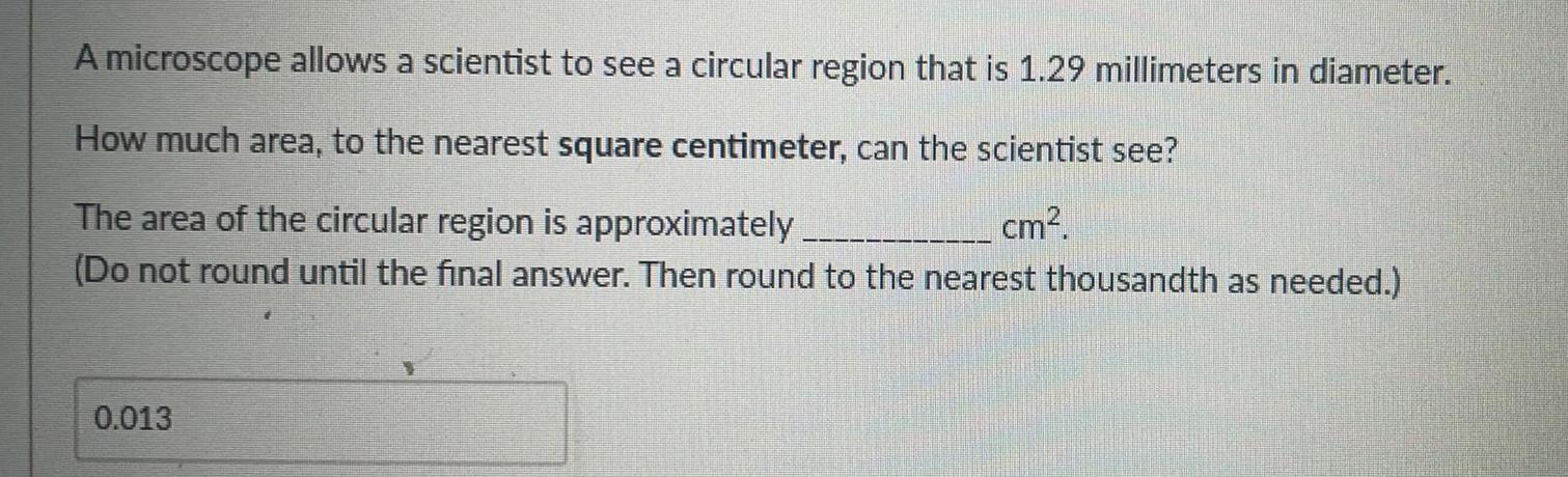 is 1.29 millimeters in diameter. How much area, to the nearest square