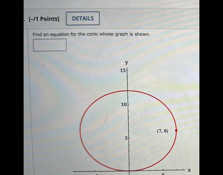  1 Points DETAILS Find an equation for the conic whose graph