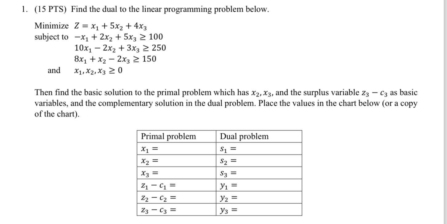  (15 PTS) Find the dual to the linear programming problem below.