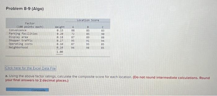 8-9 (Algo) Click here for the Excel Data File: a. Using