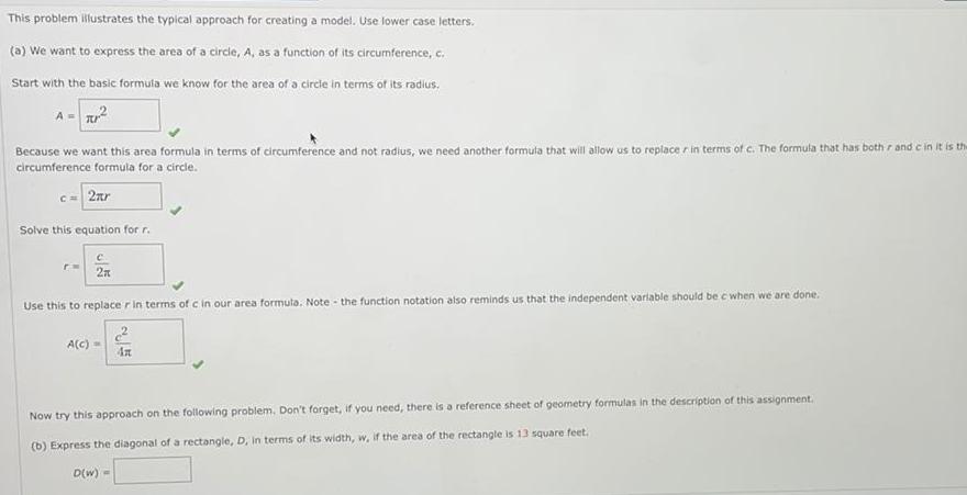 lower case letters.(a) We want to express the area of a circle,