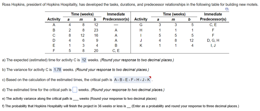 weeks. (Round your response to two decimal places.) b) The variance for