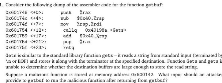 function getbuf 0x601748 0 push rax 0x60174c 4 sub 0x40 rsp 0x60174f