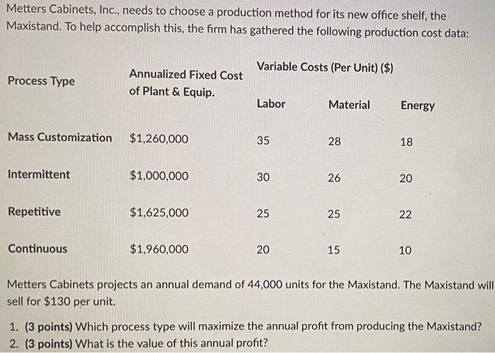  Metters Cabinets, Inc., needs to choose a production method for its