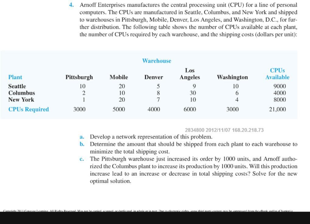  4. Arnoff Enterprises manufactures the central processing unit (CPU) for a