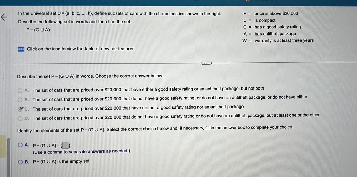 of cars with the characteristics shown to the right Describe the following