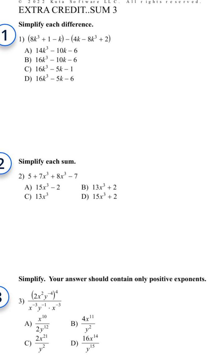 2 Kuta Software EXTRA CREDIT SUM 3 Simplify each difference 1