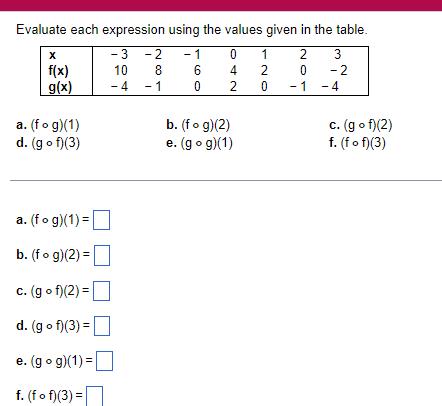  Evaluate each expression using the values given in the table 1