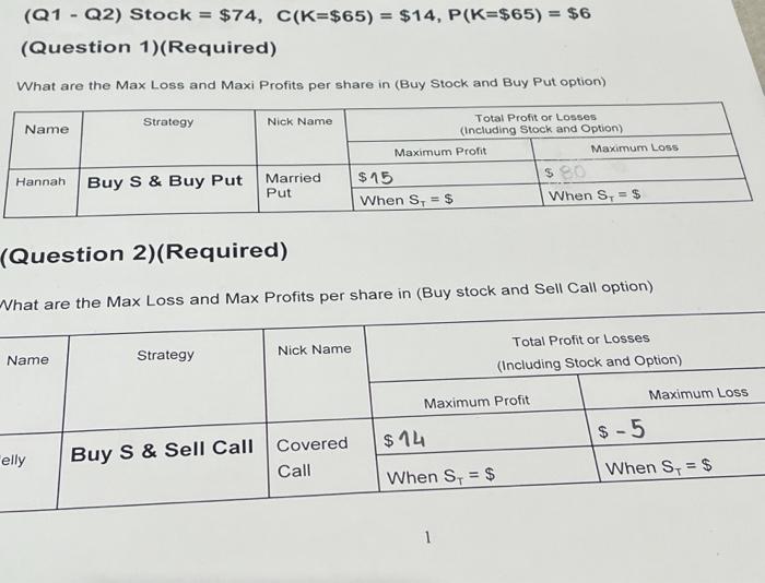 14, P(K=\$ 65)=\$ 6 \) (Question 1)(Required) What are the Max Loss