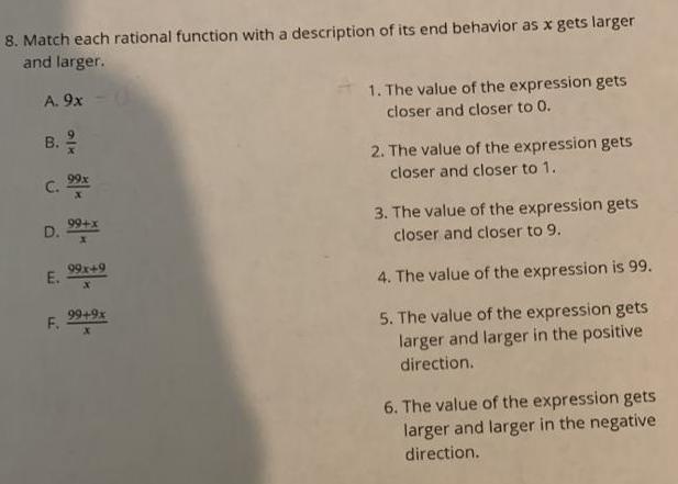 8 Match each rational function with a description of its end