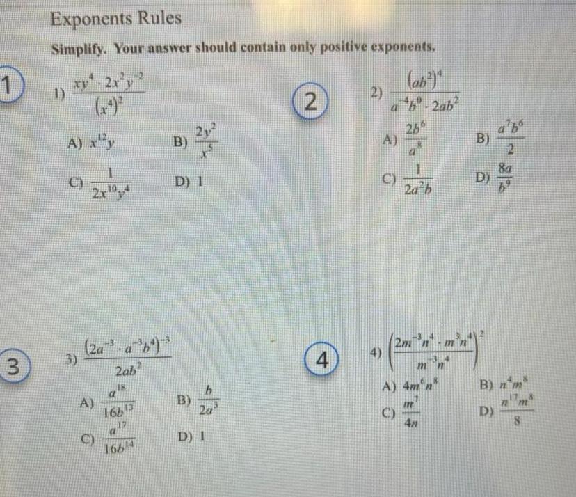 exponents 1 xy 2x y A x y C 3 2xy 2a