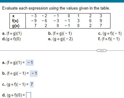  Evaluate each expression using the values given in the table 1
