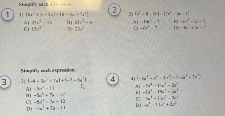  1 3 Simplify each difference 1 8x 8 8x 8 8x