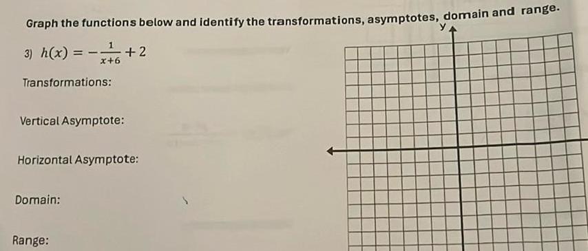 Graph the functions below and identify the transformations asymptotes domain and