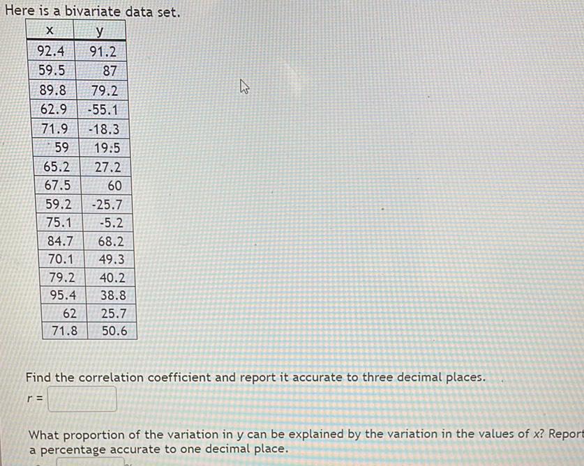 Here is a bivariate data set X y 92 4 91