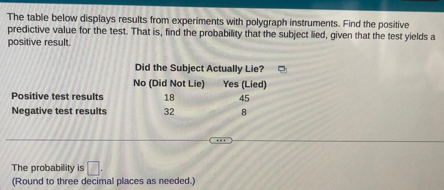 The table below displays results from experiments with polygraph instruments Find