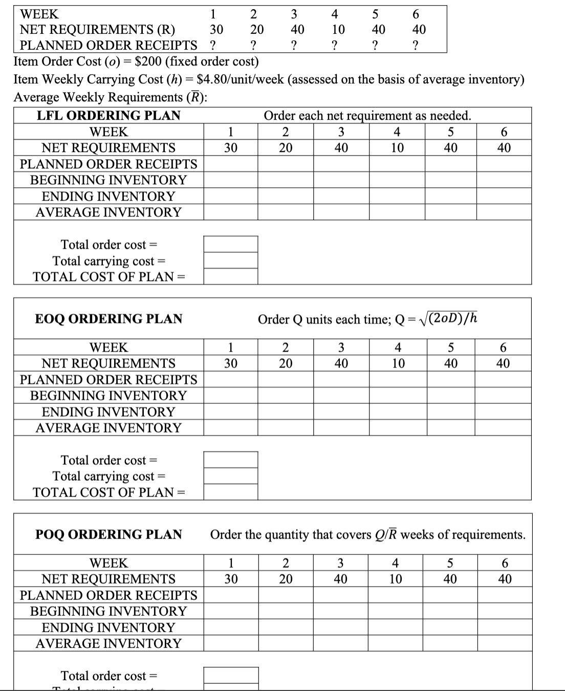  Item Order Cost \( (o)=\$ 200 \) (fixed order cost) Item