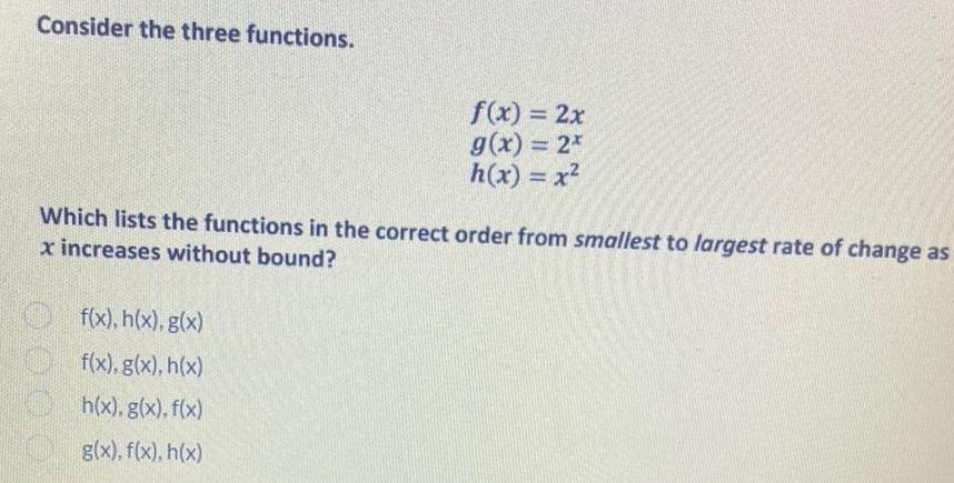 order from smallest to largest rate of change as x increases without
