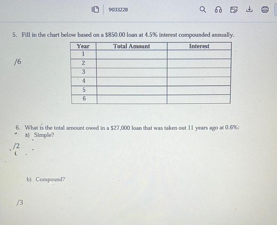  6 5 Fill in the chart below based on a 850