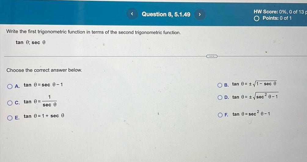 function tan 0 sec 0 Choose the correct answer below OA tan