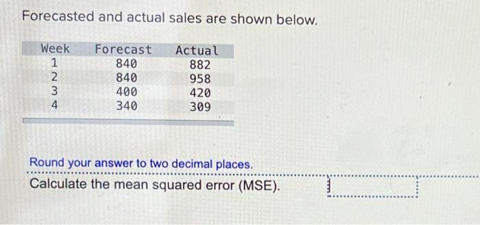 Forecasted and actual sales are shown below Week Forecast Actuat 1 2