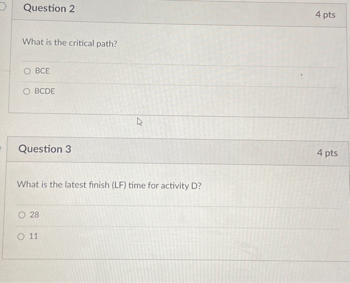 precedence relationships. What is the critical path? BCE BCDE Question 3 4