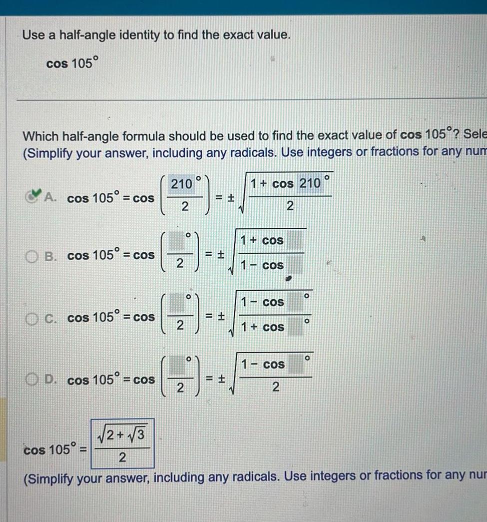 105 Which half angle formula should be used to find the exact