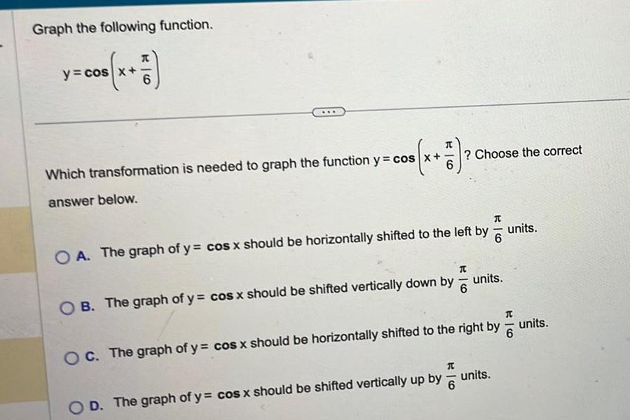 needed to graph the function y cos x 5 answer below Choose