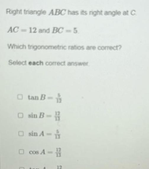 and BC 5 Which trigonometric ratios are correct Select each correct answer
